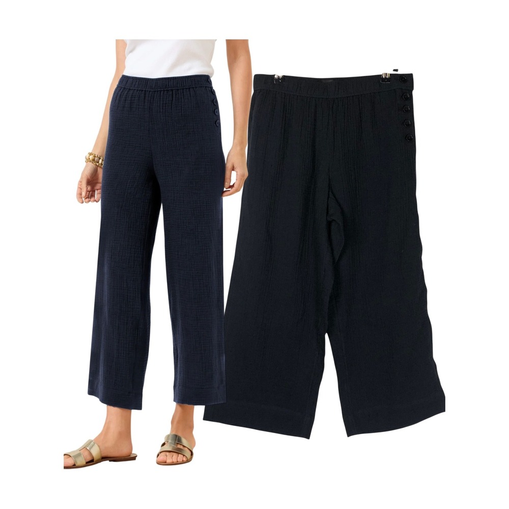 NEW Talbots Womens Cotton Wide Crop Pull On Gauze Pants Size Sp Black Beachy